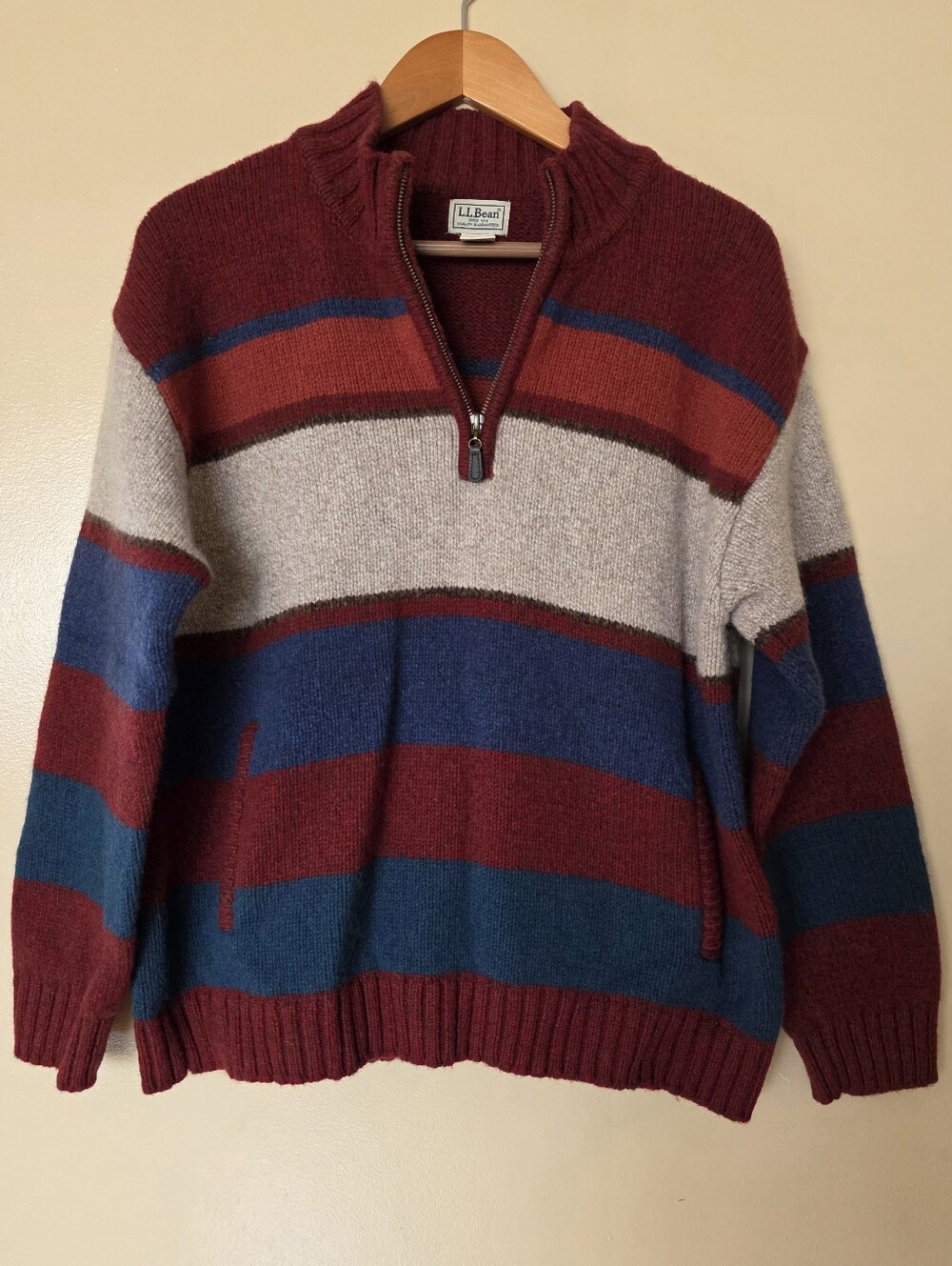 LL Bean Classic Ragg Wool Quarter Zip Sweater L Cozy Heritage New England Preppy
